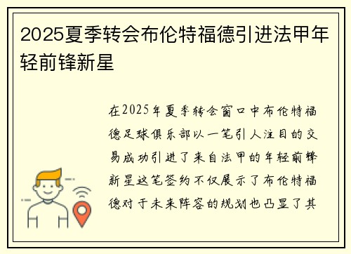 2025夏季转会布伦特福德引进法甲年轻前锋新星 2025夏季转会布伦特福德引进法甲年轻前锋新星